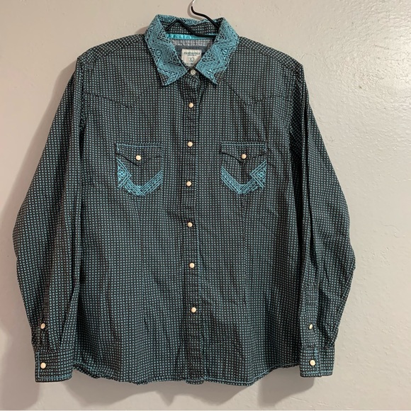 Men’s Embroidered Panhandle Rough Stock Teal Pearl Snap Long Sleeve Collar Shirt - Picture 1 of 6